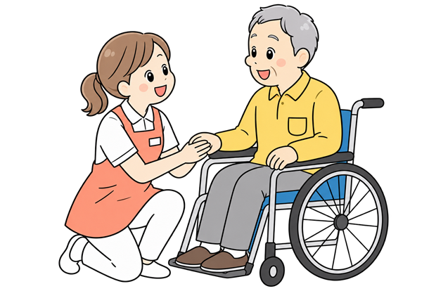 車いすの高齢者を介助するスタッフのイラスト