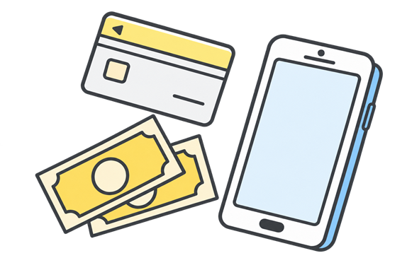 カードや現金、スマートフォンのイラスト