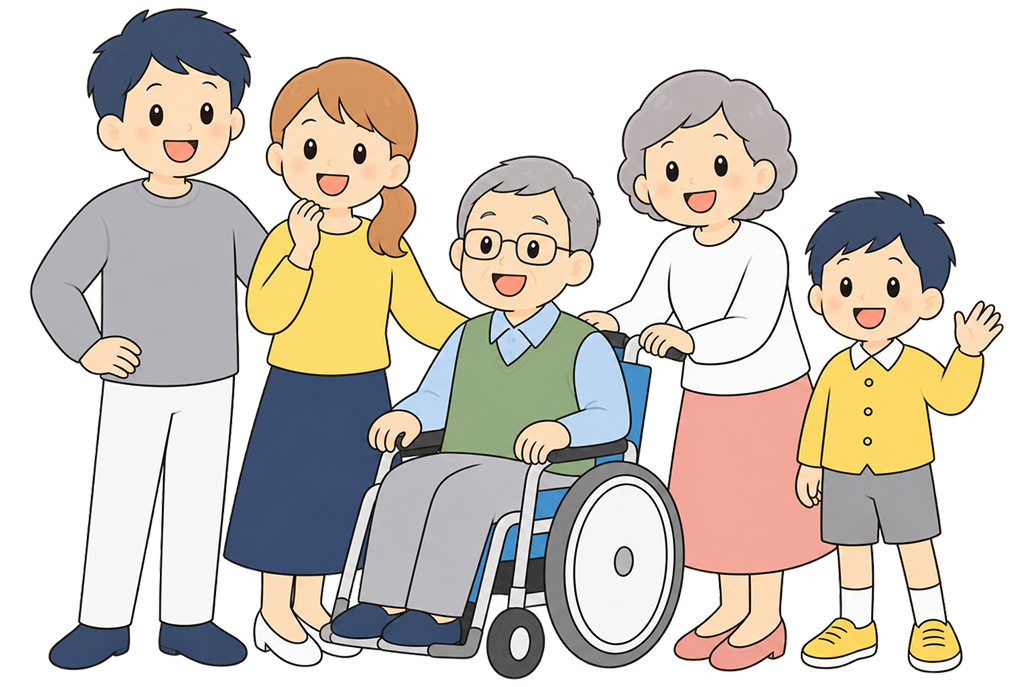 車いすの高齢者を囲むご家族のイラスト