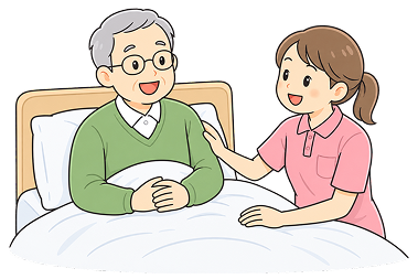 ベッドで過ごす高齢男性に寄り添う介護スタッフのイラスト