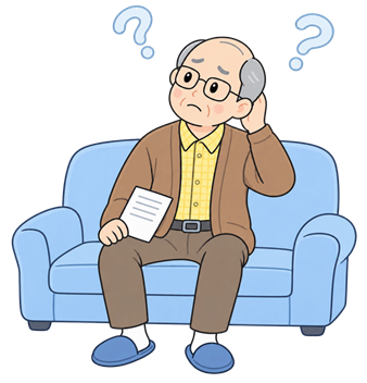 書類を手に考え込む高齢男性のイラスト