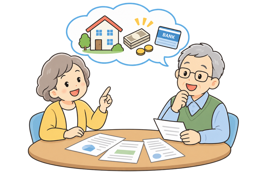 自宅や預貯金について話し合う高齢のご夫婦のイラスト
