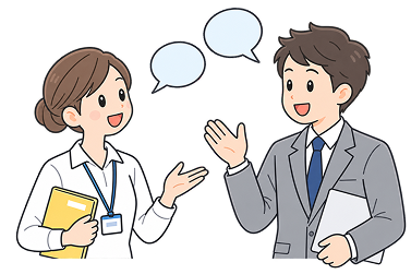 資料を手に話し合う行政書士と相談員のイラスト